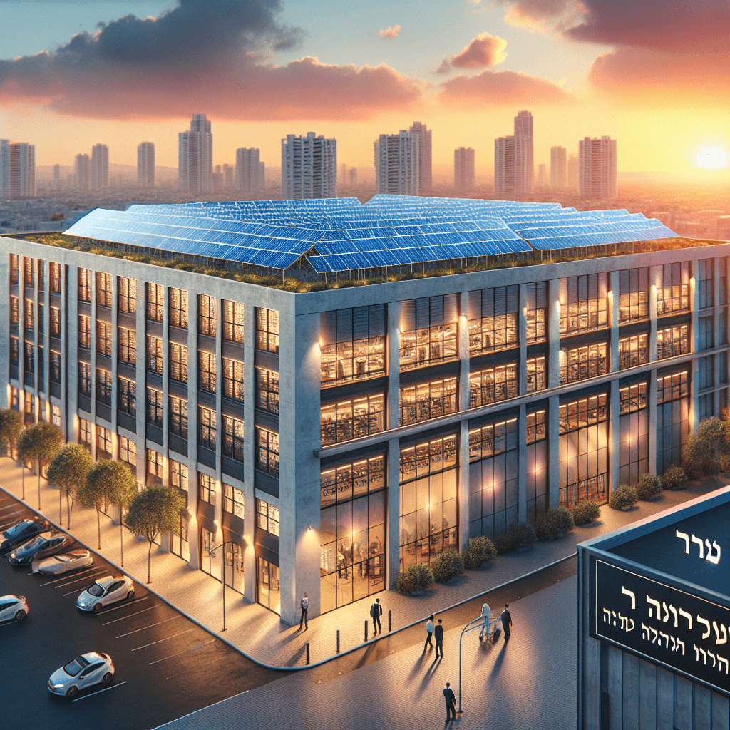 לוחות סולאריים מותקנים על גג מבנה עסקי במהלך השקיעה.